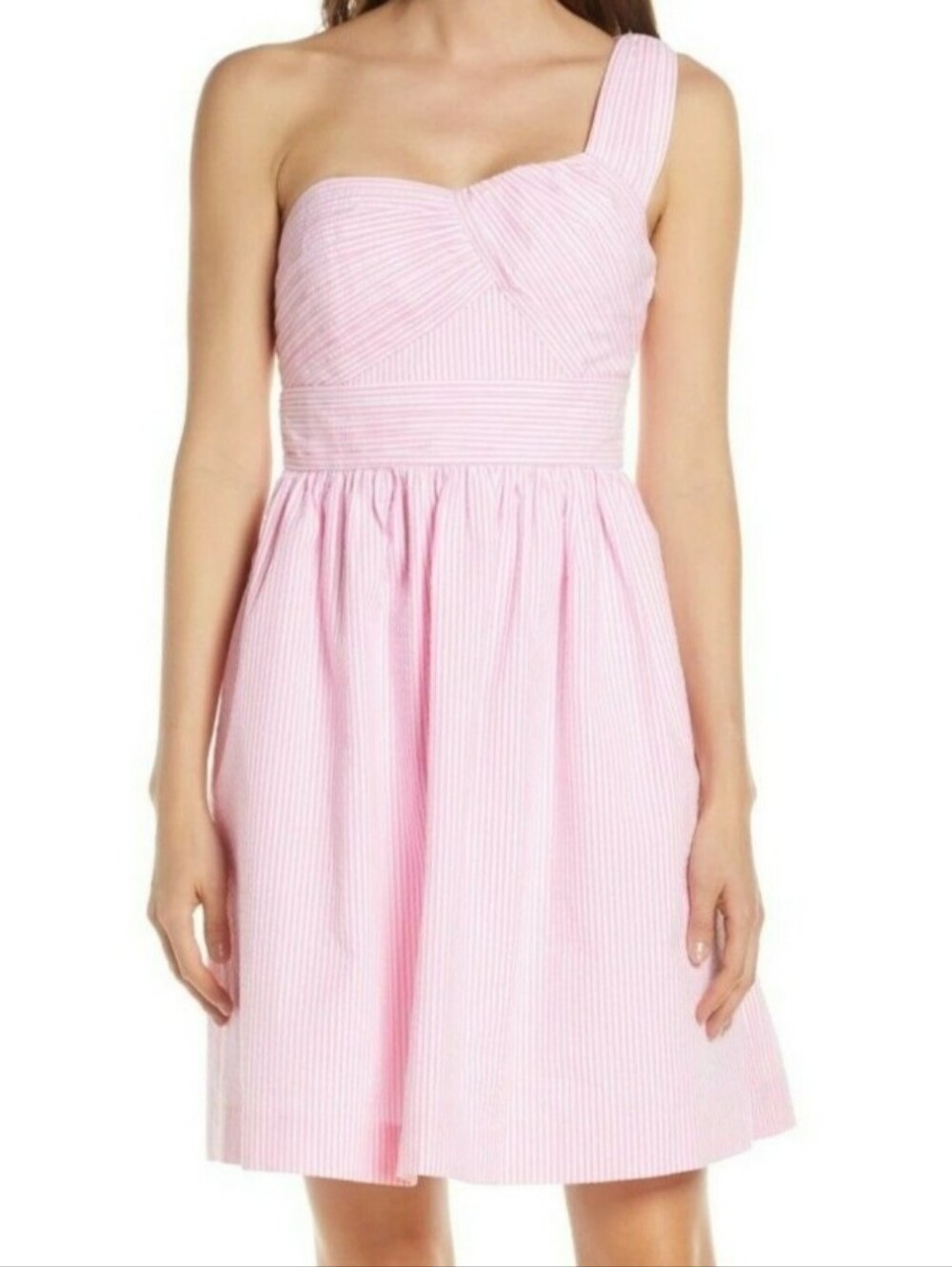 Lilly Pulitzer pink and white seersucker one shoulder dress
